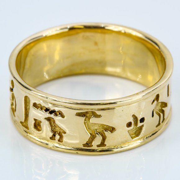 18K Yellow Gold Hieroglyphic Luck Ring Band